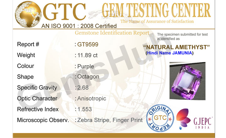 11.89 ct Natural Certified Amethyst (Jamunia) -Premium Quality