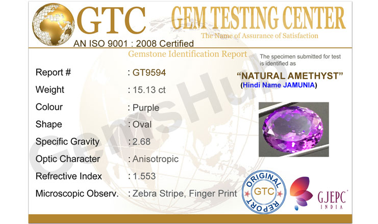 15.13 ct Natural Certified Amethyst (Jamunia) -Premium Quality