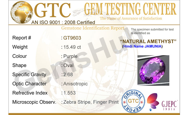15.49 ct Natural Certified Amethyst (Jamunia) -Premium Quality