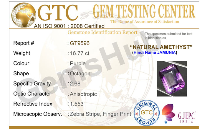 16.77 ct Natural Certified Amethyst (Jamunia) -Premium Quality