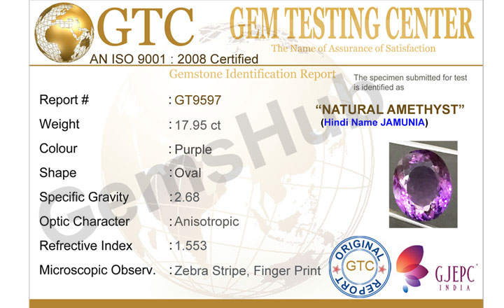 17.95 ct Natural Certified Amethyst (Jamunia) -Premium Quality