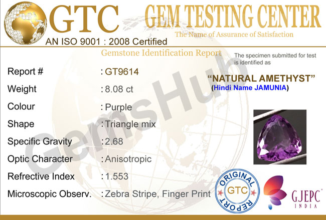 8.08 ct Natural Certified Amethyst (Jamunia) -Premium Quality