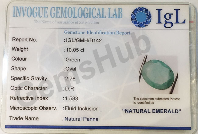 10.05 ct/11.25 rattii Natural Certified  Panna (Emerald)