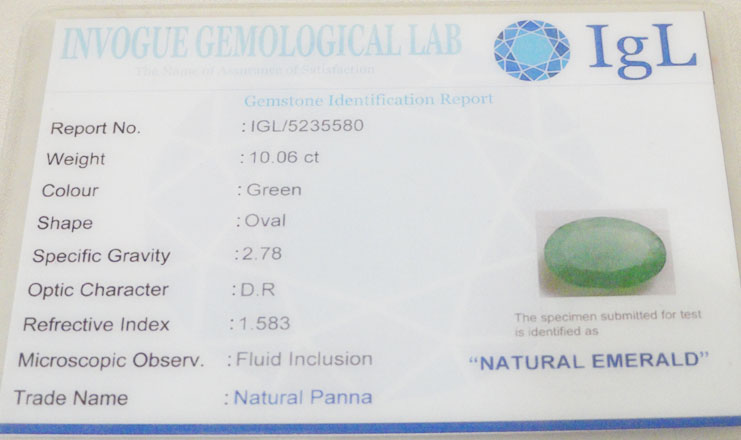 10.06 ct/11.25 ratti Natural Certified Zambian Panna (Emerald)