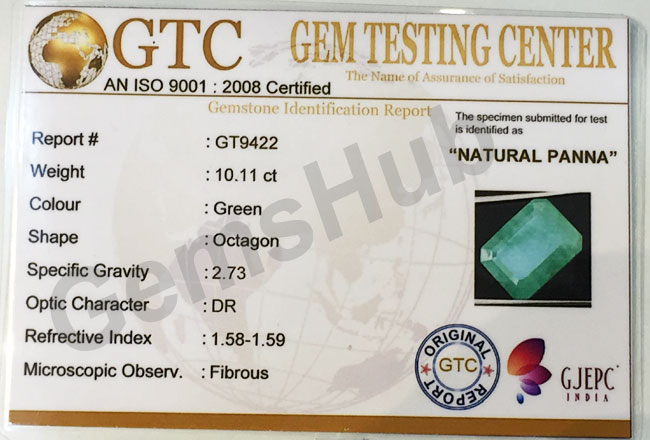 10.11 ct/11.25 ratti Natural Certified Panna (Emerald)