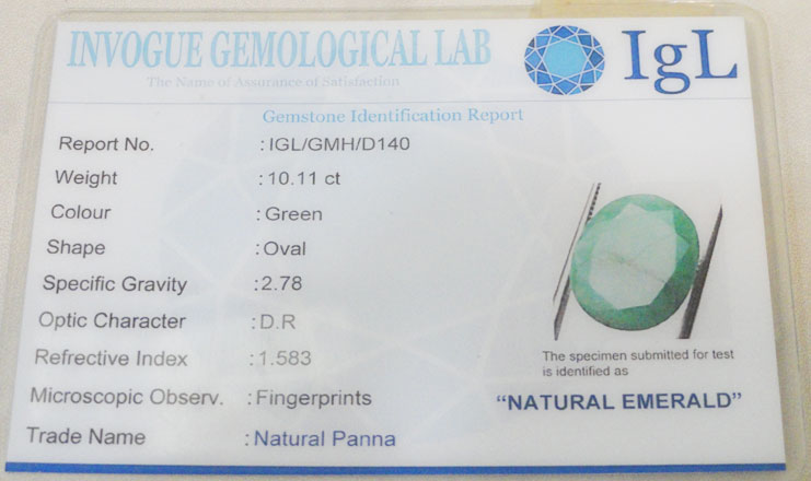10.11 ct/11.25 ratti Natural Certified Zambian Panna (Emerald)