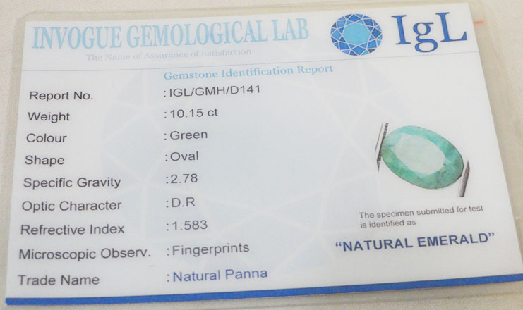 10.15 ct/11.25 ratti Natural Certified Panna (Emerald)