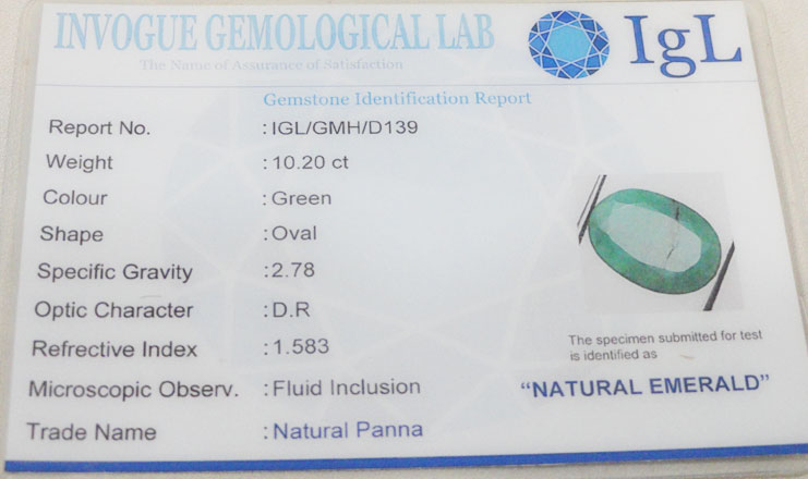 10.20 ct/11.33 ratti Natural Certified Zambian Panna (Emerald)
