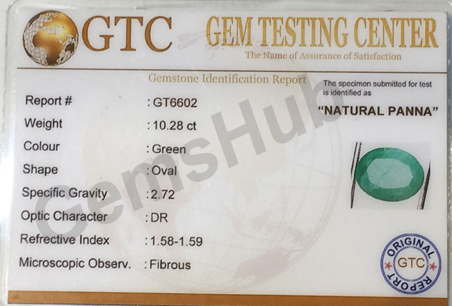 10.28 ct/11.50 rattii Natural Certified  Panna (Emerald)
