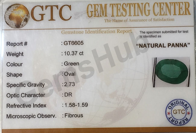 10.37 ct/11.50 ratti Natural Certified Panna (Emerald)