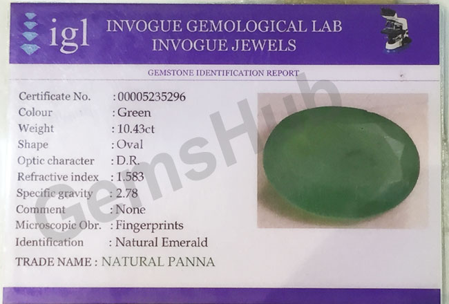10.43 ct/11.60 ratti Natural Certified Zambian Panna (Emerald)