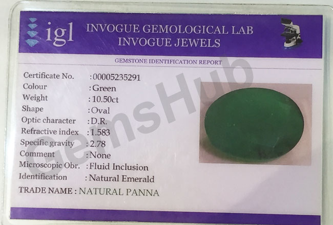 10.50 ct/11.60 ratti Natural Certified Zambian Panna (Emerald)