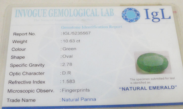 10.63 ct/11.81 ratti Natural Certified Zambian Panna (Emerald)