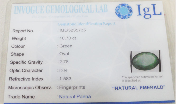 10.70 ct/11.90 ratti Natural Certified Zambian Panna (Emerald)