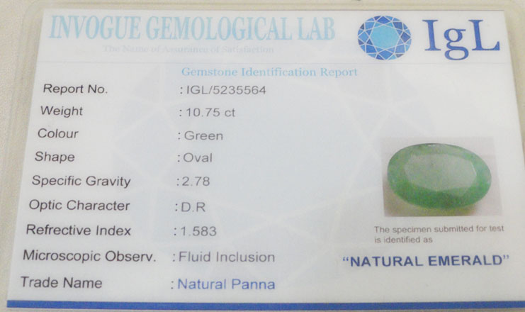 10.75 ct/11.95 ratti Natural Certified Zambian Panna (Emerald)