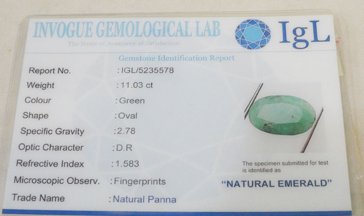 11.03 ct/12.25 ratti Natural Certified Panna (Emerald)