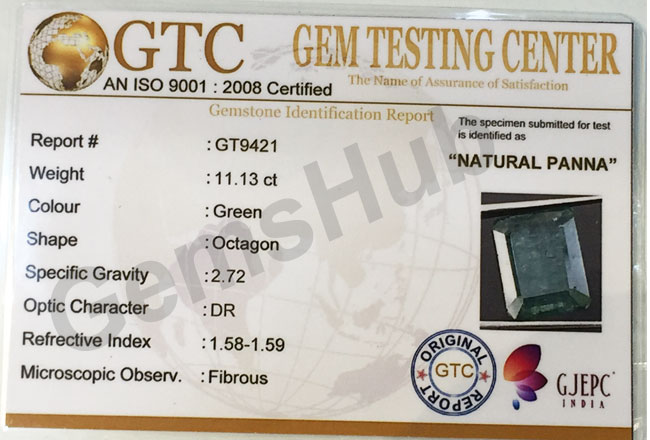 11.13 ct/12.25 ratti Natural Certified  Zambian Panna (Emerald)