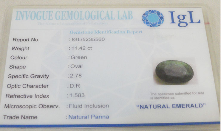 11.42 ct/12.50 ratti Natural Certified Zambian Panna (Emerald)