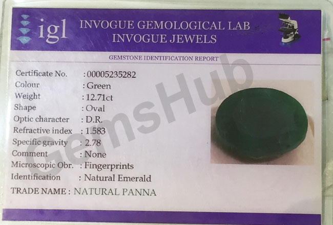 12.71 ct/14.25 ratti Natural Certified  Panna (Emerald)