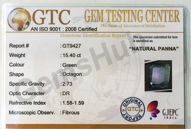 15.40 ct/17.25 ratti Natural Certified Zambian Panna (Emerald)