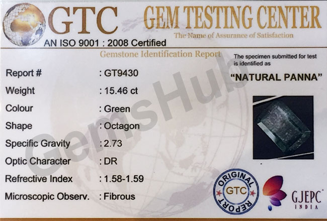 15.46 ct/17.25 ratti Natural Certified Zambian Panna (Emerald)