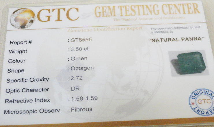 3.50 ct/3.90 ratti Natural Certified Zambian Panna (Emerald)