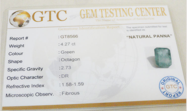 4.27 ct/4.65 ratti Natural Certified Zambian Panna (Emerald)