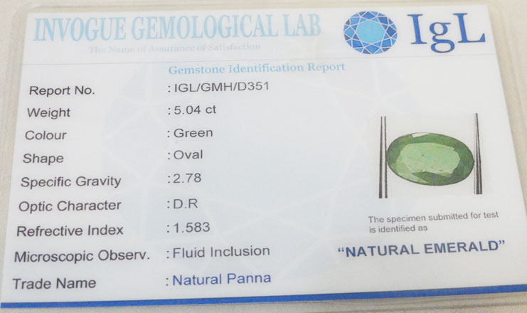 5.04 ct/5.50 ratti Natural Certified Zambian Panna (Emerald)
