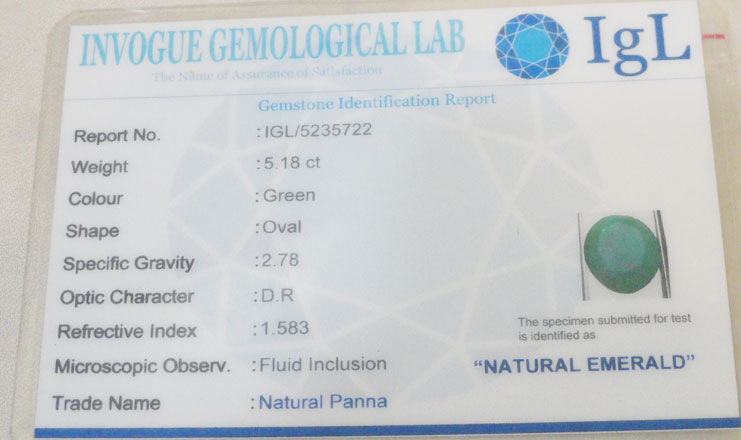 5.18 ct/5.65 ratti Natural Certified  Panna (Emerald)