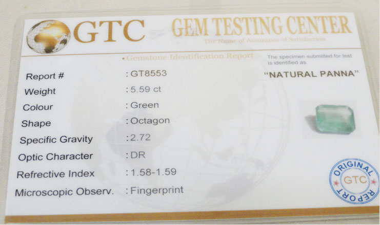 5.59 ct/6.25 ratti Natural Certified Zambian Panna (Emerald)