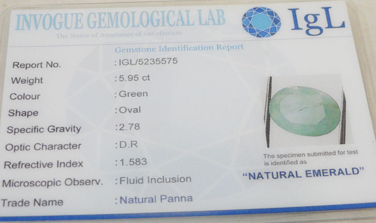 5.95 ct/6.50 ratti Natural Certified Panna (Emerald)