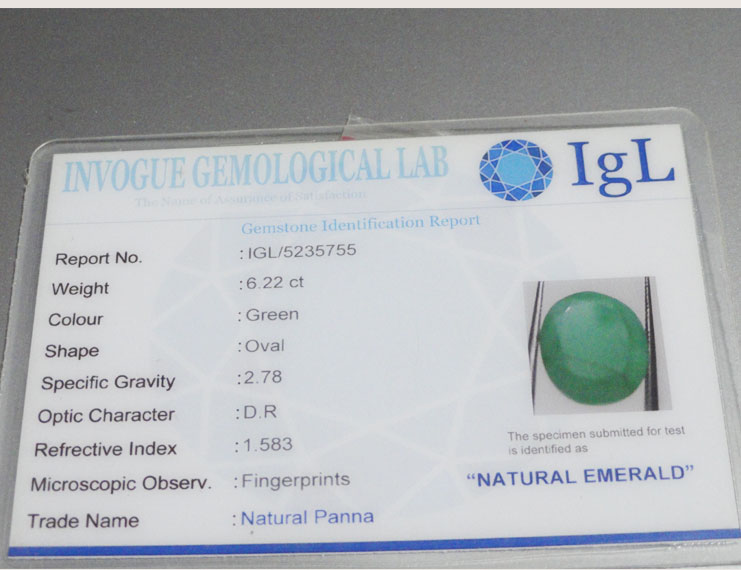 6.22 ct/6.92 ratti Natural Certified Zambian Panna (Emerald)