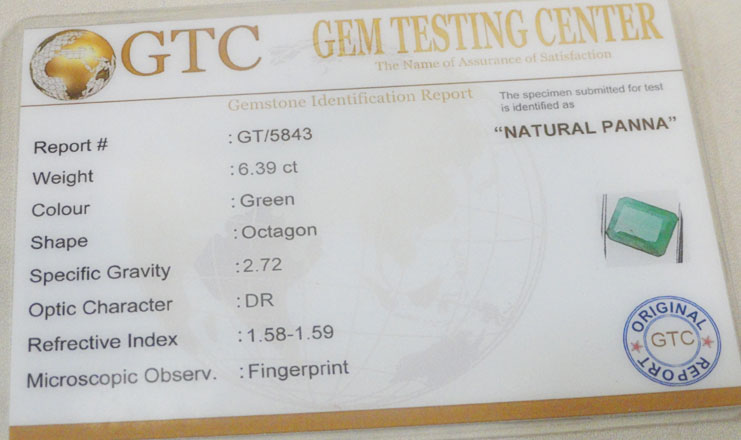 6.39 ct/7.25 ratti Natural Certified Panna (Emerald)