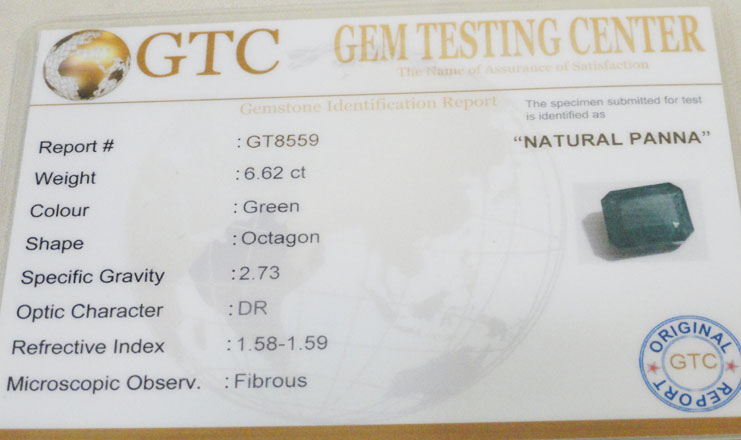 6.62 ct/7.35 ratti Natural Certified Zambian Panna (Emerald)