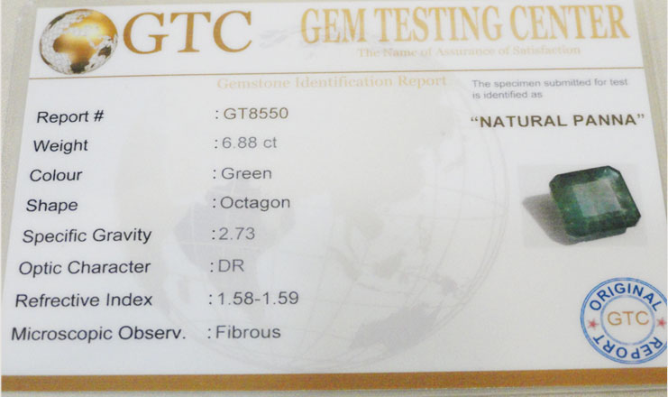 6.88 ct/7.50 ratti Natural Certified Zambian Panna (Emerald)