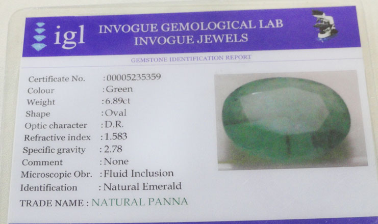 6.89 ct/7.60 ratti Natural Certified Panna (Emerald)