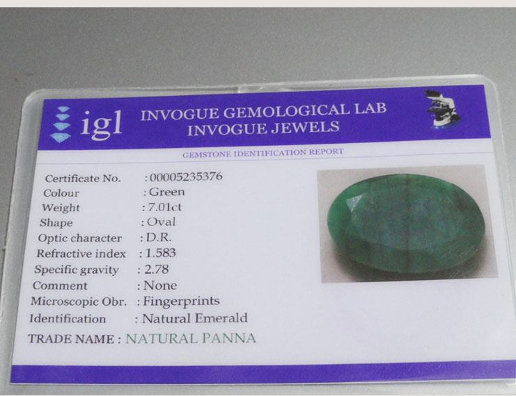 7.01 ct/7.85 ratti Natural Certified  Panna (Emerald)