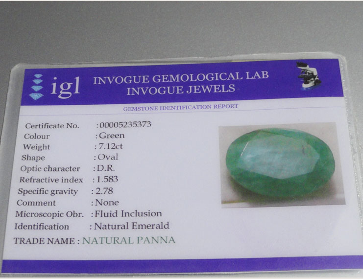 7.12 ct/7.92 ratti Natural Certified Panna (Emerald)