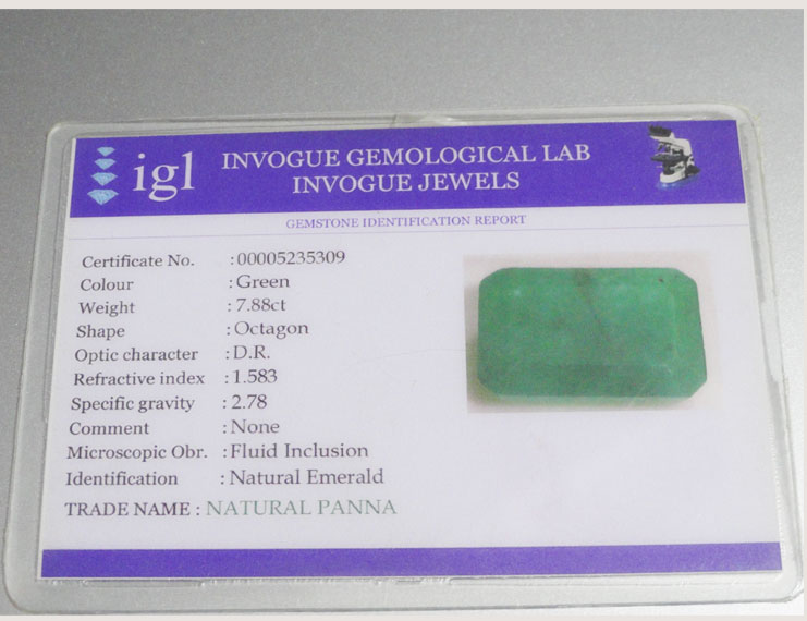 7.88 ct/8.65 ratti Natural Certified Zambian Panna (Emerald)