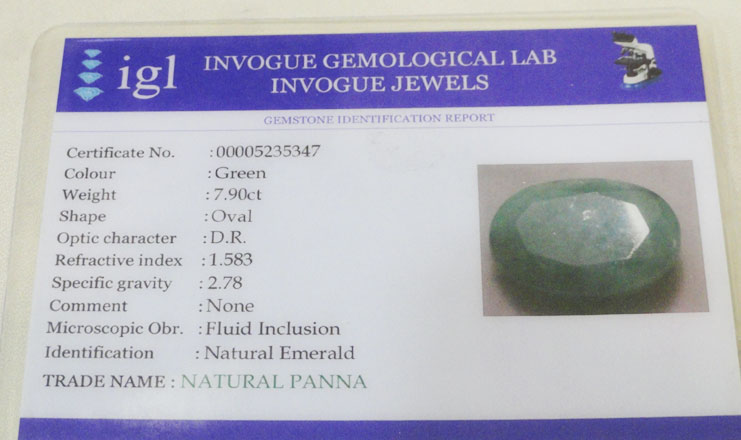7.90 ct/8.65 ratti Natural Certified Panna (Emerald)