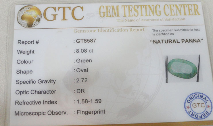 8.08 ct/9.00 ratti Natural Certified Panna (Emerald)