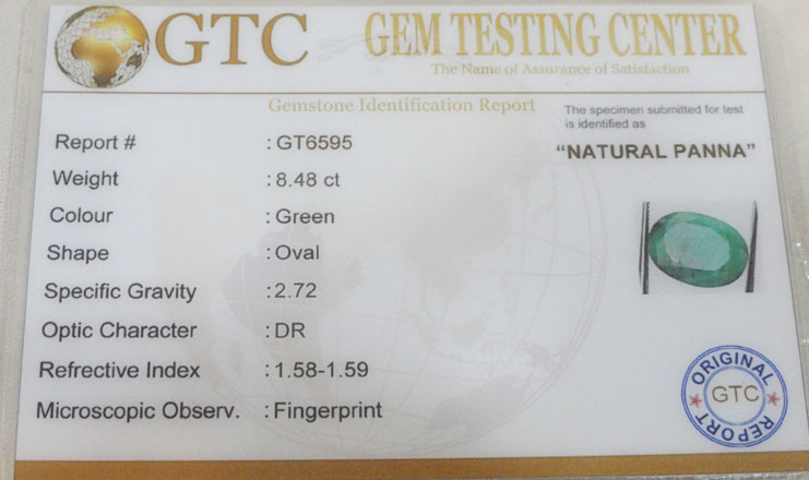 8.48 ct/9.50 ratti Natural Certified Panna (Emerald)