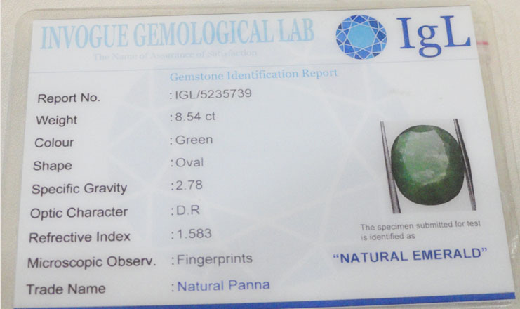 8.54 ct/9.50 ratti Natural Certified Zambian Panna (Emerald)