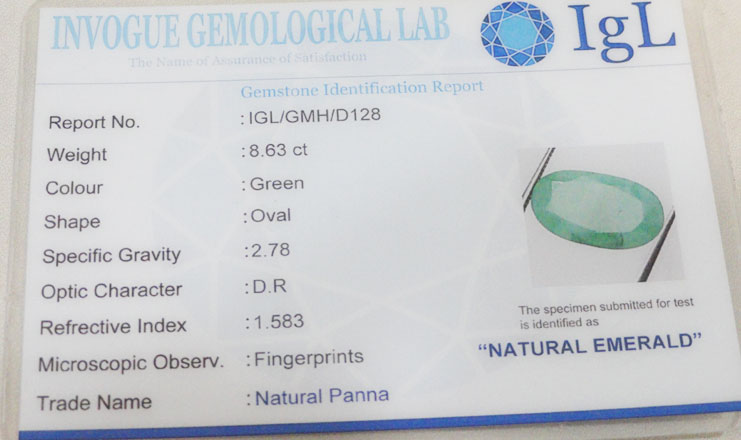 8.63 ct/9.60 ratti Natural Certified Zambian Panna (Emerald)