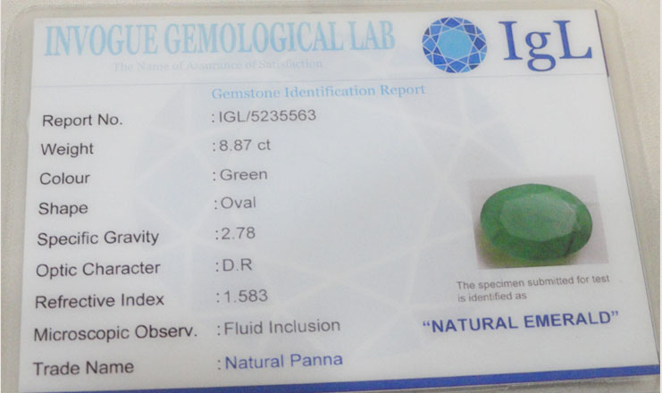 8.87 ct/9.86 ratti Natural Certified Zambian Panna (Emerald)