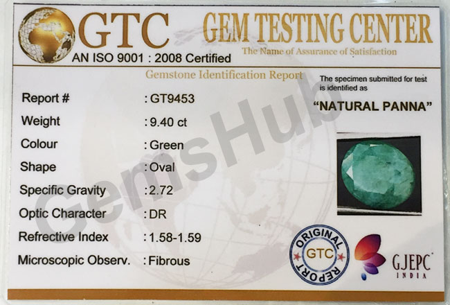 9.40 ct/10.50 ratti Natural Certified Panna (Emerald)