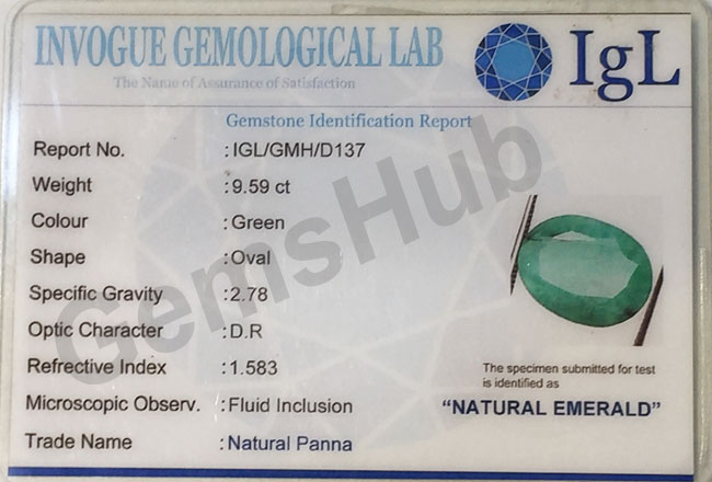 9.59 ct/10.60 ratti Natural Certified Panna (Emerald)
