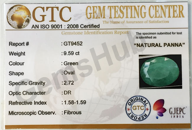 9.59 ct/10.60 ratti Natural Certified Panna (Emerald)
