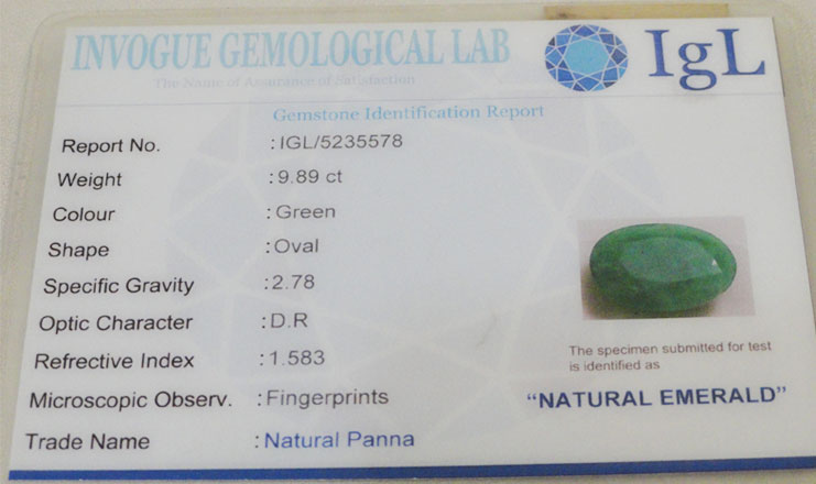 9.89 ct/11.00 ratti Natural Certified Zambian Panna (Emerald)