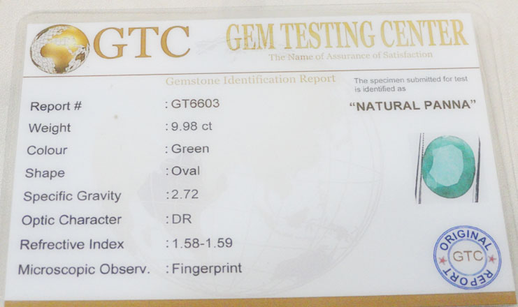 9.98 ct/11.10 ratti Natural Certified Zambian Panna (Emerald)